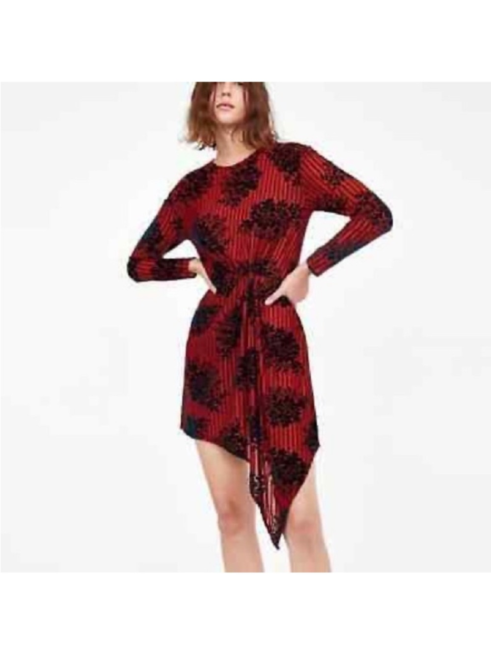 Zara Trafaluc Gathered Devore Dress in Red Green. Small. NWT.